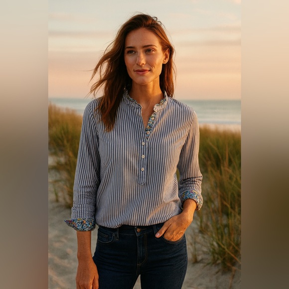 Talbots Tops - Talbots Cotton Striped Button-Up Shirt with Floral Accents Nautical Vacation LP